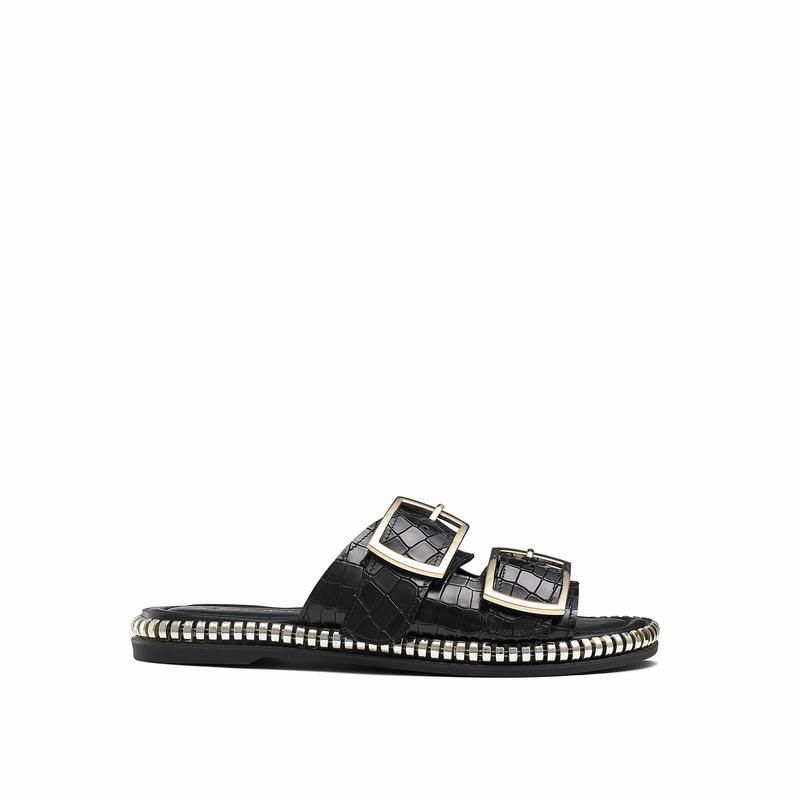 Russell & Bromley Gold Mine Double Buckle Sandals Womens Black [SLE3414FL]